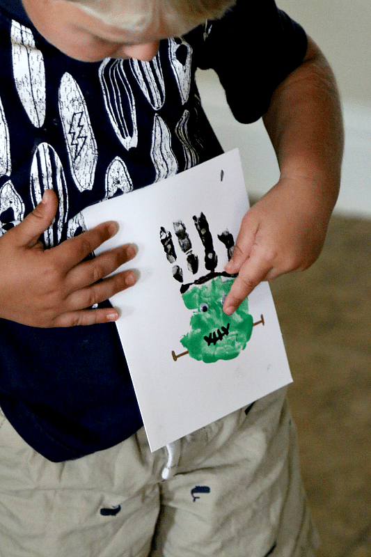 Halloween Frankenstein Handprint Craft for Cards, Bags, and more! Toddler and Preschool DIY Painting Fun