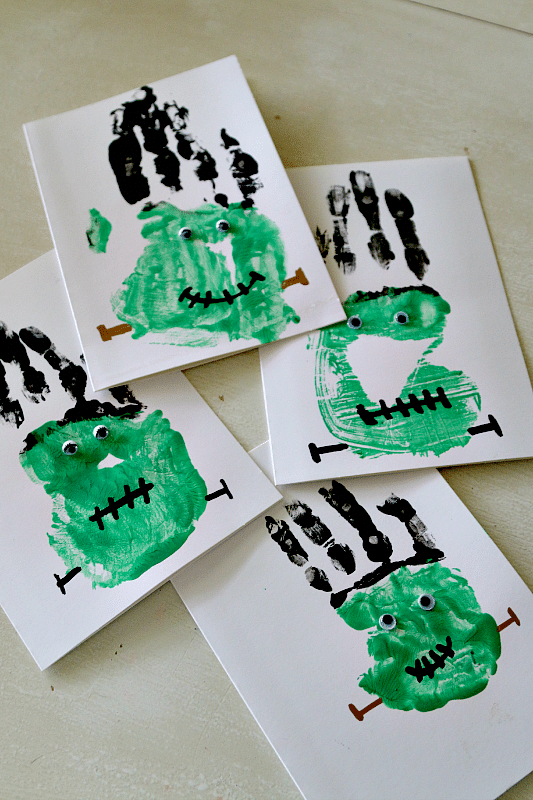 Halloween Frankenstein Handprint Craft for Cards, Bags, and more! Toddler and Preschool DIY Painting Fun