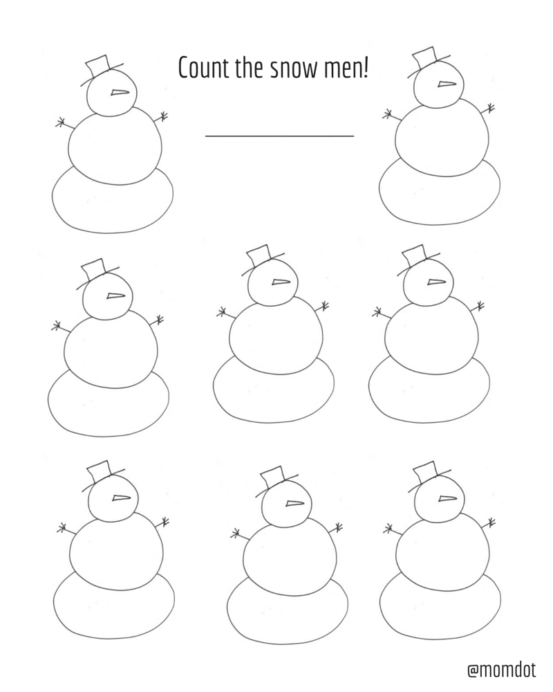 Free Printable: Count the snow man and color them in this free sheet