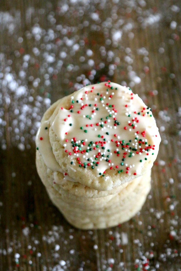 A stack of cookies decorated with 2 Ingredient Butter Cream Frosting Recipe