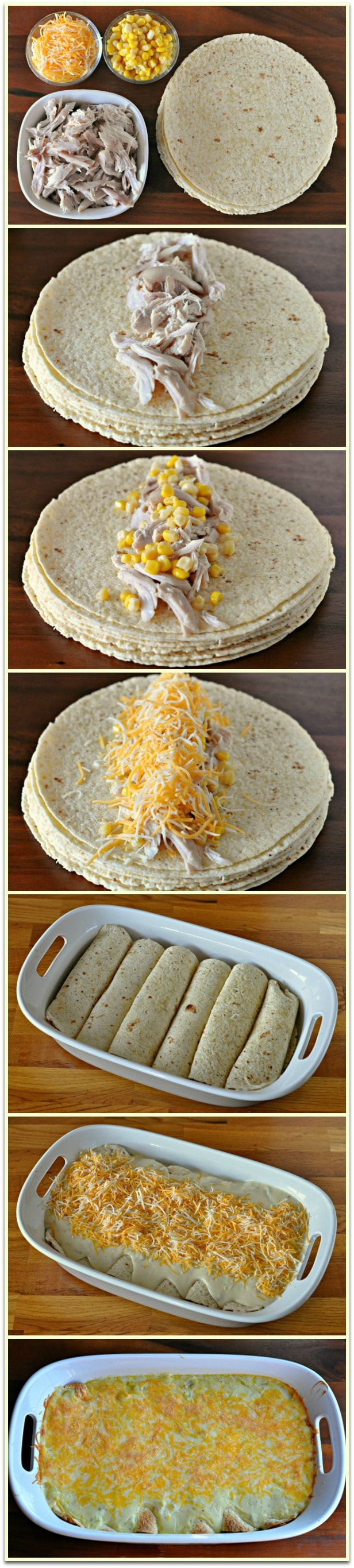 Creamy white chicken enchiladas being assembled and placed in a baking dish before covered with sauce and more cheese.