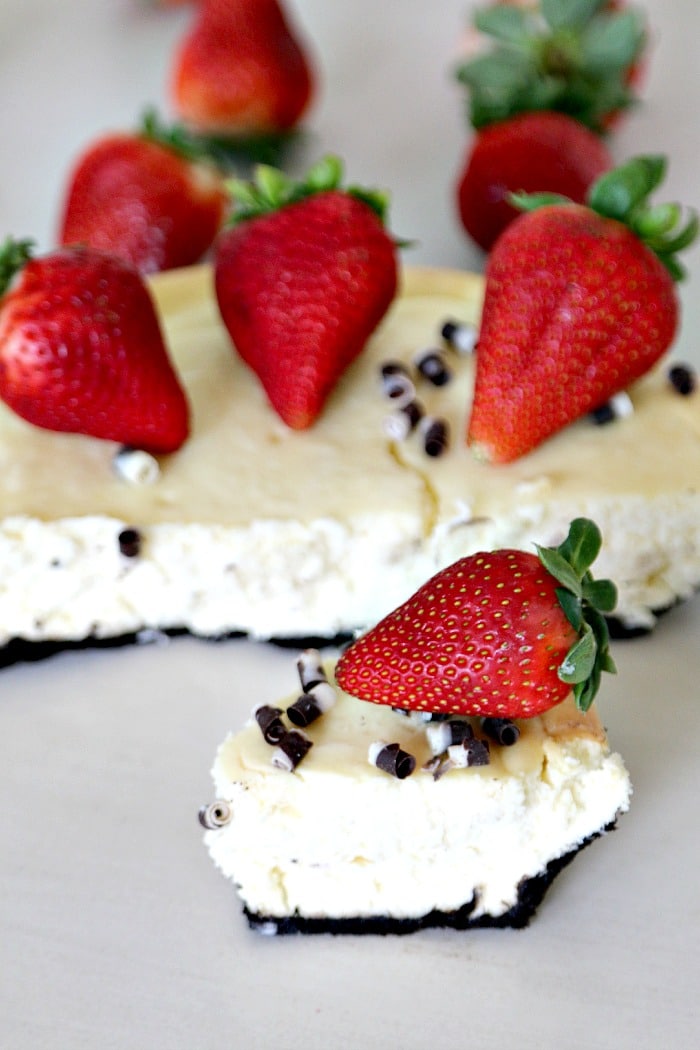 The best original Philadelphia cream cheese cheesecake topped with strawberries