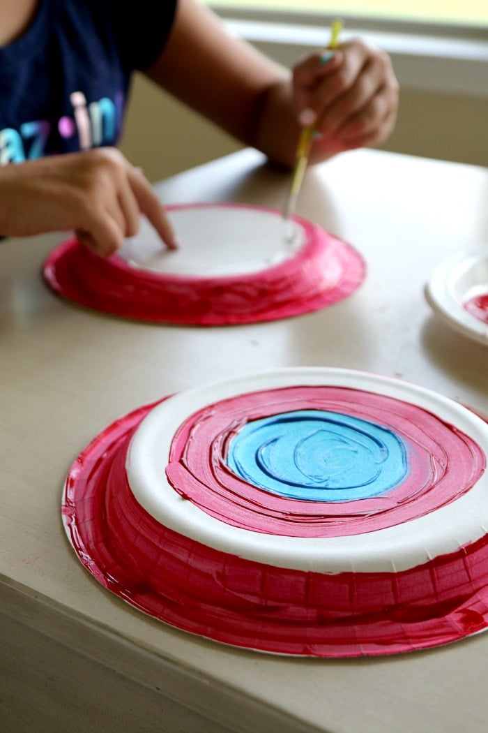 Captain America Paper Plate Shield with Popsicle Sticks 