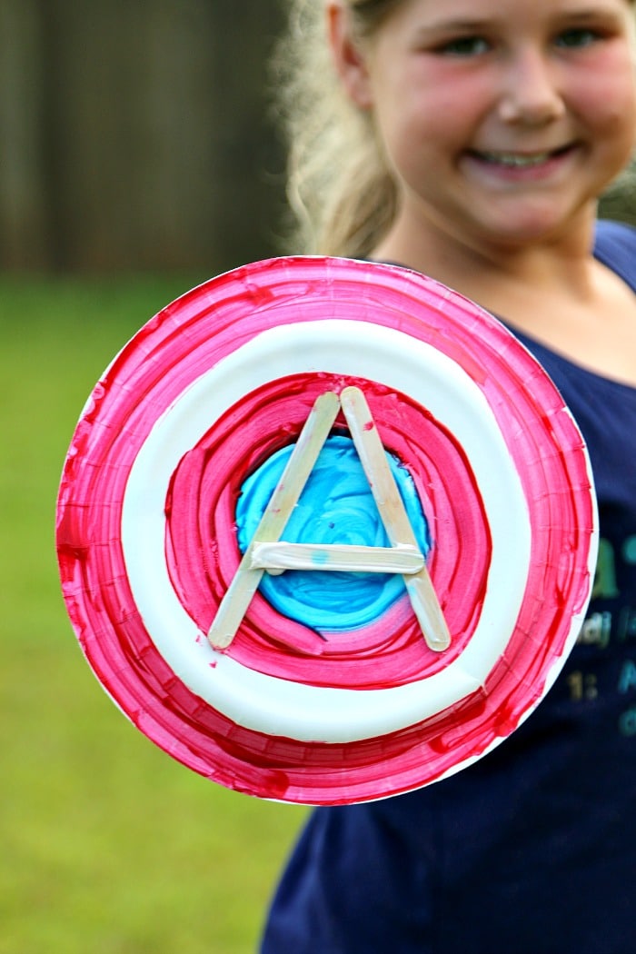 Captain America Paper Plate Shield with Popsicle Sticks
