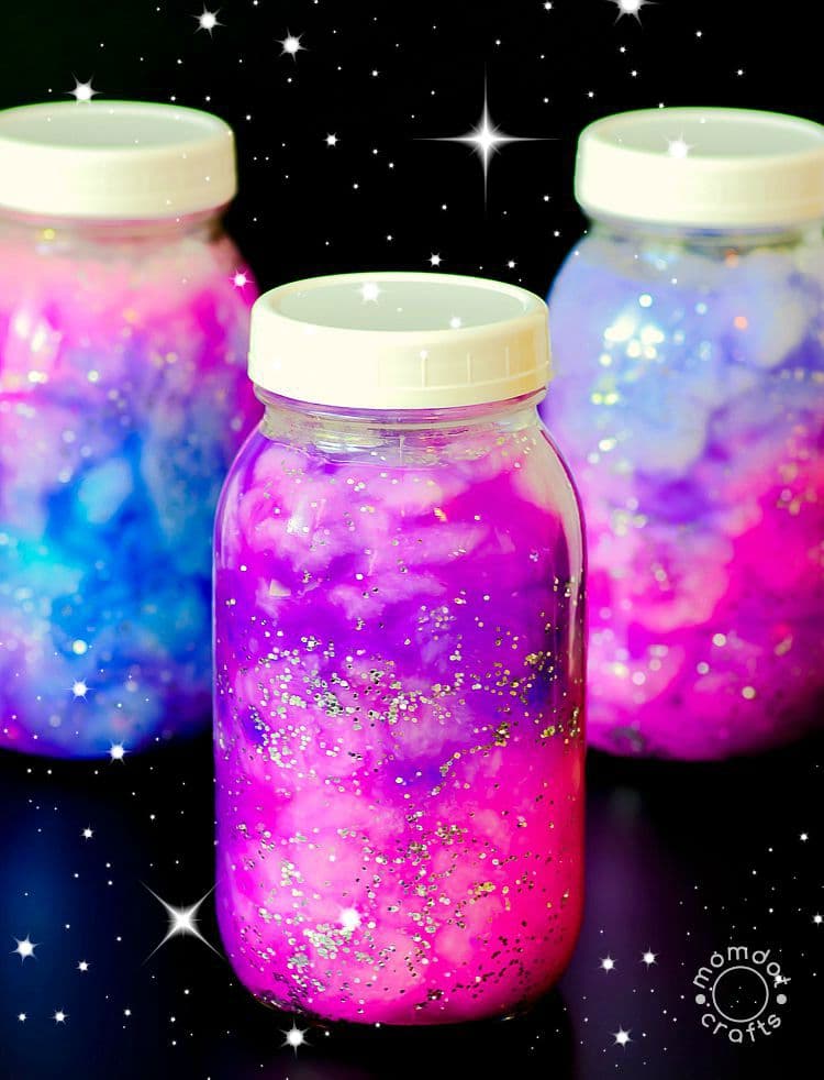 DIY Galaxy Jars craft with pink, purple, and blue paint and gold glitter.
