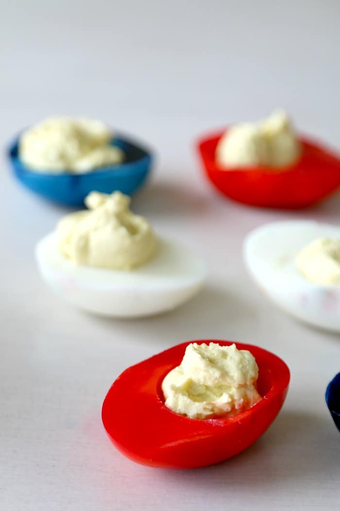 Red, White, and Blue Hard boiled Eggs for July 4th, fun and exciting at a party!