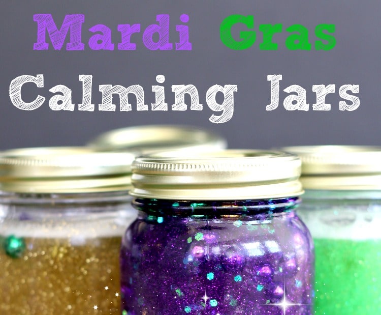 Glittery calming jars made in mason jars with purple, gold, and green glitter.