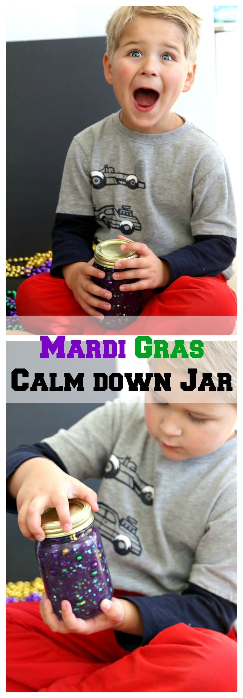 Calm Down Jar: Make a Mardi Gras Calm Down jar with beautiful beads, sit down and have quiet time with discovery, calming and peace