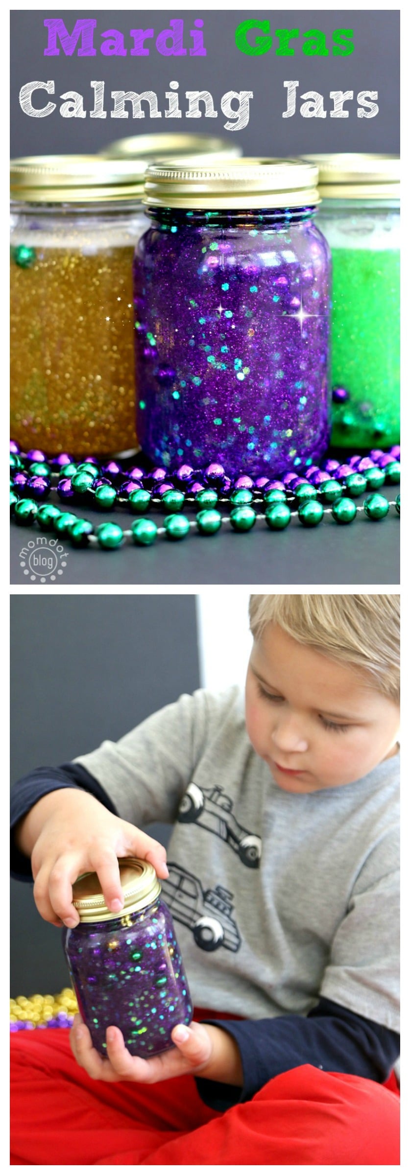Calm Down Jar: Make a Mardi Gras Calm Down jar with beautiful beads, sit down and have quiet time with discovery, calming and peace