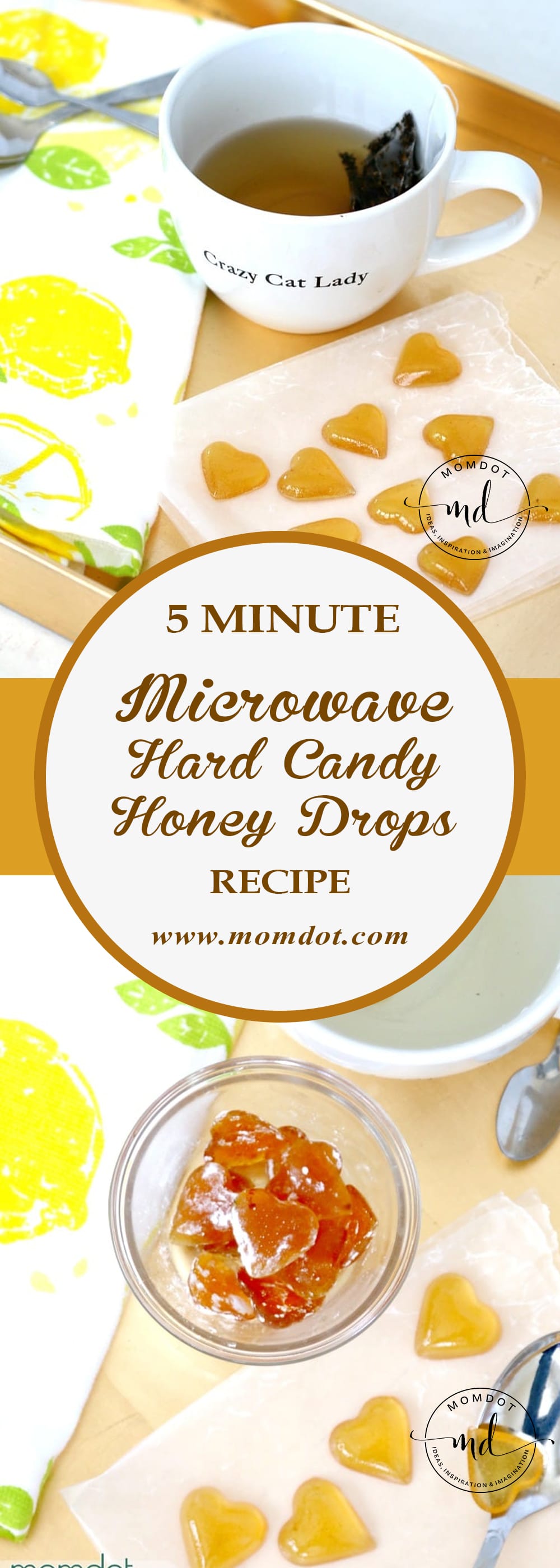 Honey drops for tea recipe with a tea mug and finished honey drops in a bowl.