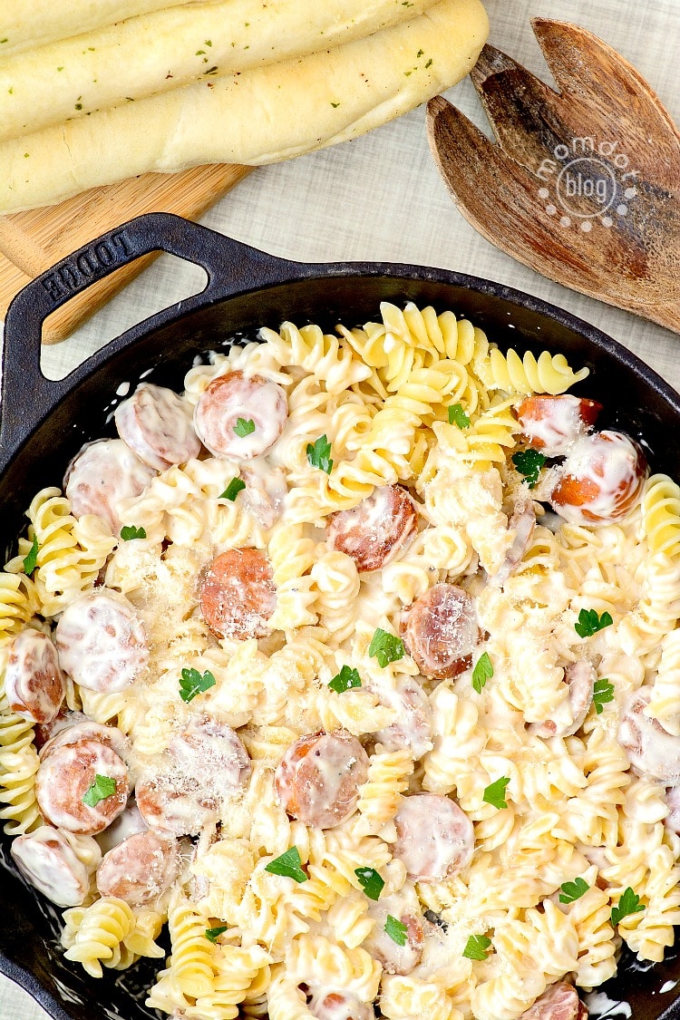 Spicy Sausage Alfredo Recipe : Fry up some andouille sausage and added it in with the pasta and alfredo for a great quick dinner