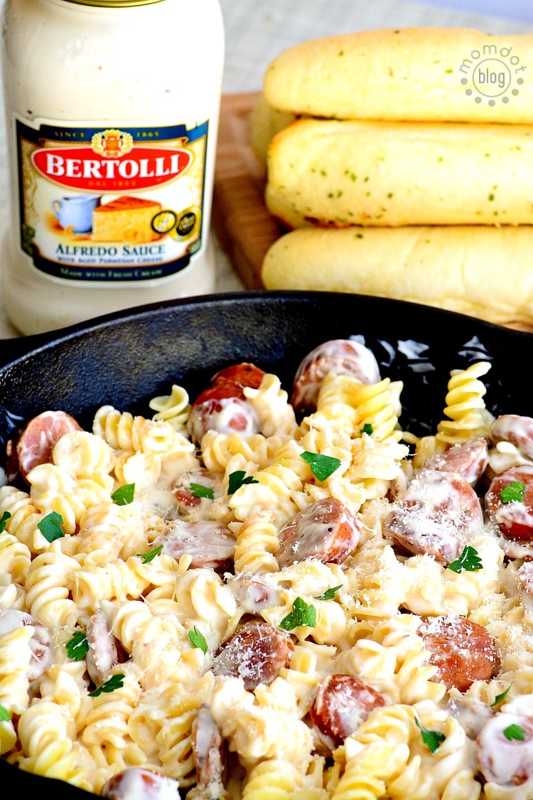 Spicy Sausage Alfredo Recipe : Fry up some andouille sausage and added it in with the pasta and alfredo for a great quick dinner