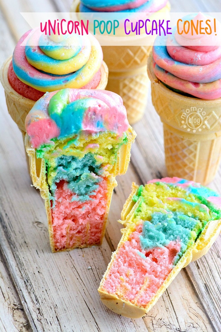 Unicorn poop cupcakes baked in ice cream cones for easy serving at birthday parties.