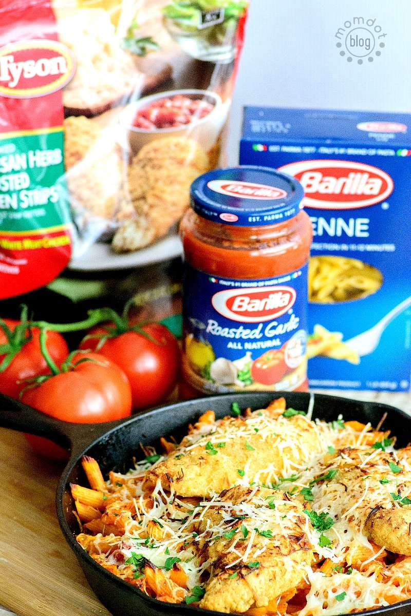 One Skillet Chicken Parmesan Pasta recipe, perfect for busy nights that need a quick meal with NO dishes! 