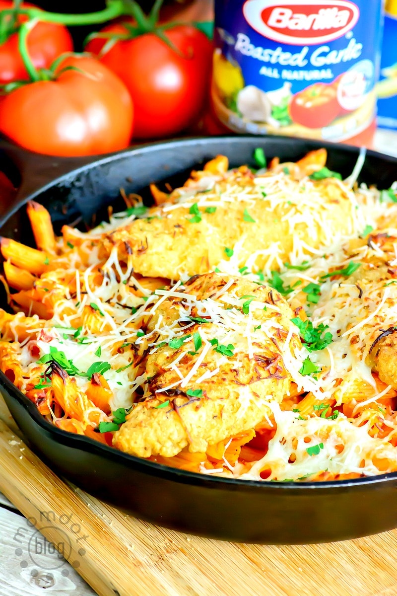 One Skillet Chicken Parmesan Pasta recipe, perfect for busy nights that need a quick meal with NO dishes!