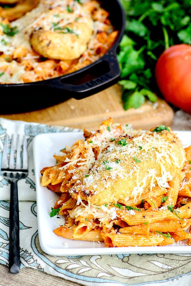 One Skillet Chicken Parmesan Pasta recipe, perfect for busy nights that need a quick meal with NO dishes!