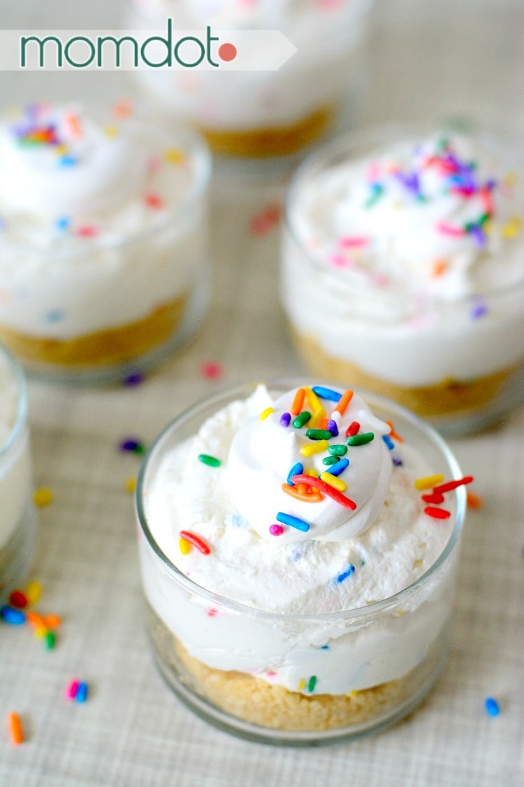 Mini Funfetti Cheesecakes perfect for a decadent sprinkle filled treat : We call them Fairy Cheesecakes