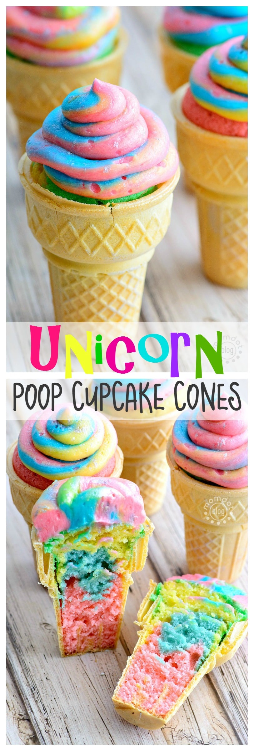 Unicorn Poop Cupcake Cones - learn how to make rainbow cupcake cones perfect for school parties. SO FUN. Get recipe and how to swirl frosting here now!