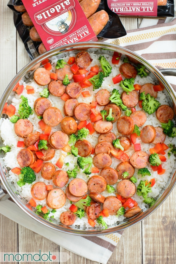 One Pan Andouille Sausage and Rice, Easy, Quick and perfect for busy families. Ready in under 30 minutes, never feel guilty about a "quick" meal again 