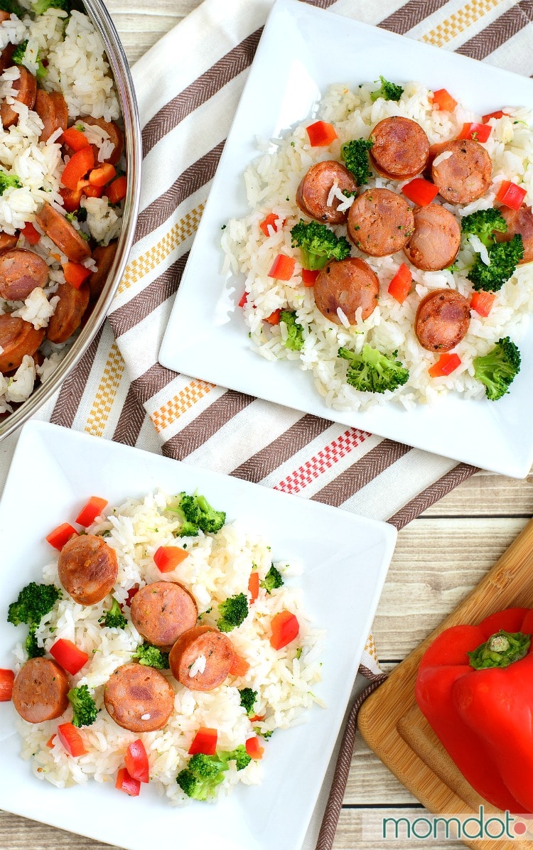 One Pan Andouille Sausage and Rice, Easy, Quick and perfect for busy families. Ready in under 30 minutes, never feel guilty about a "quick" meal again 