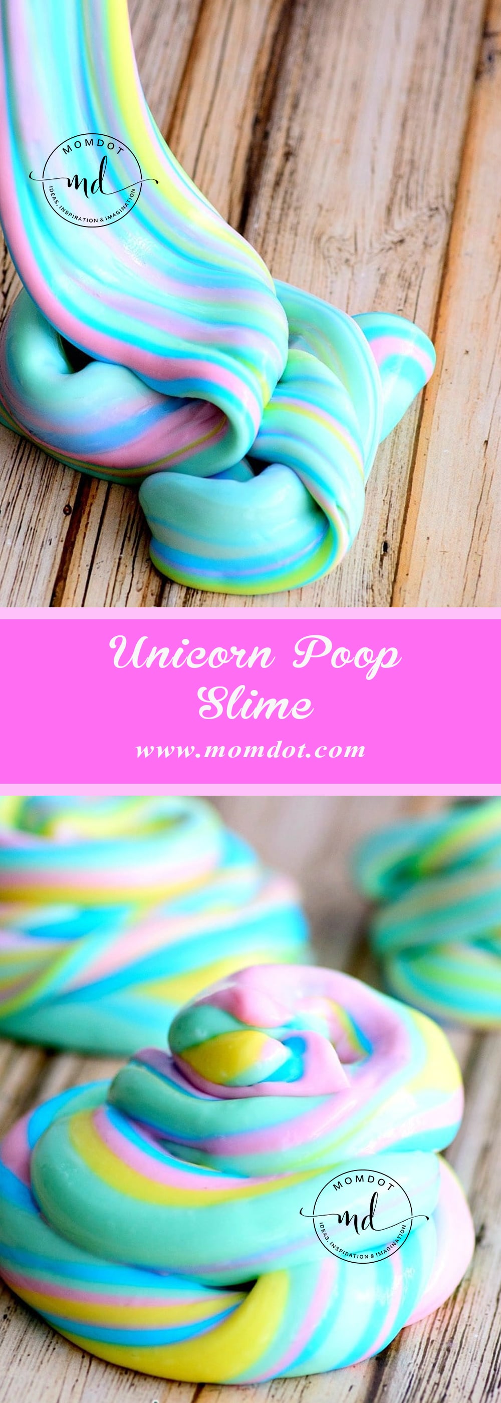 Unicorn poop slime piled on the table in all its pastel rainbow glory.
