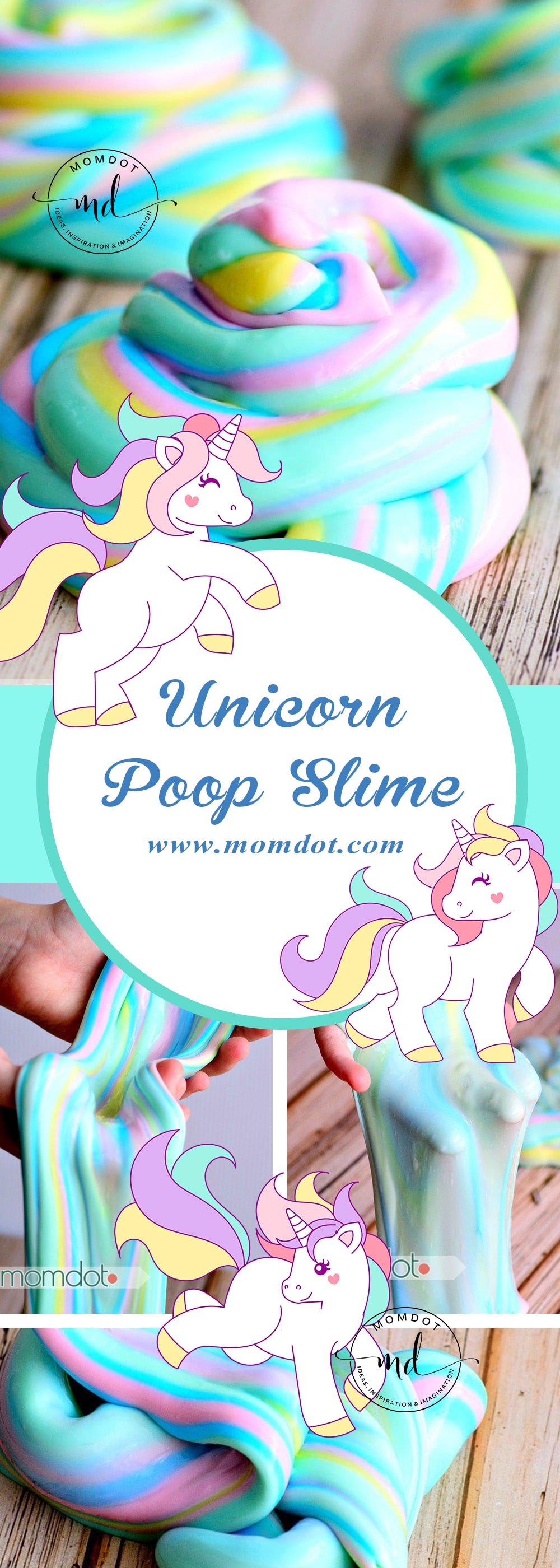 Rainbow unicorn poop slime recipe graphic with happy rainbow unicorns prancing across the photos.