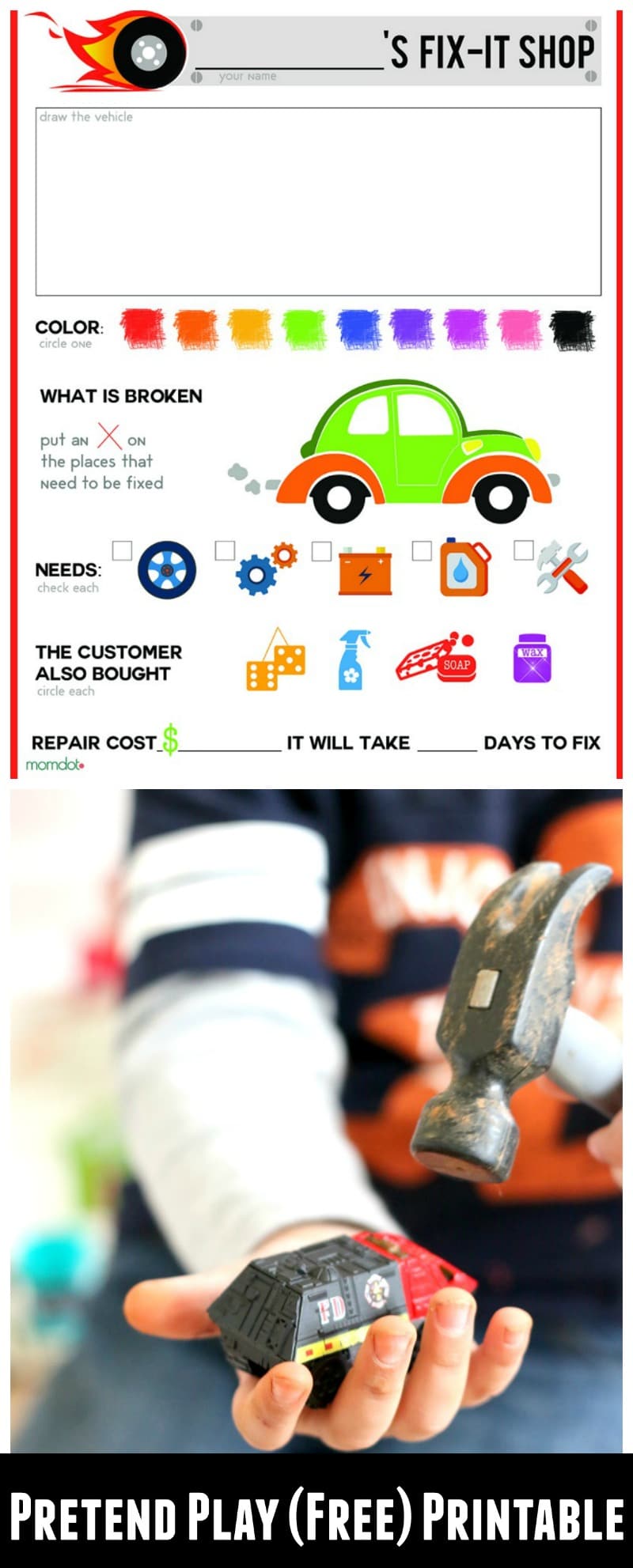 Mechanic play sheet perfect for Pretend Play, FREE PRINTABLE - break out the hot wheels and Fix them up~!