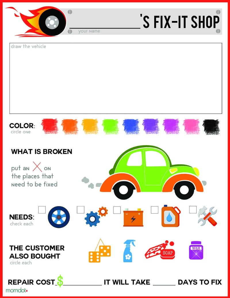 Download Mechanic Pretend Play Sheet, FREE PRINTABLE