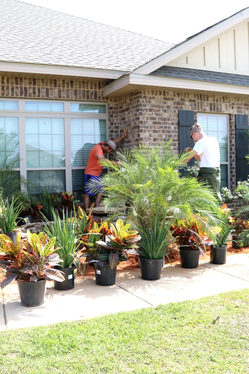 Two men planting landscaping plants in front of a house around a new pond and waterfall.