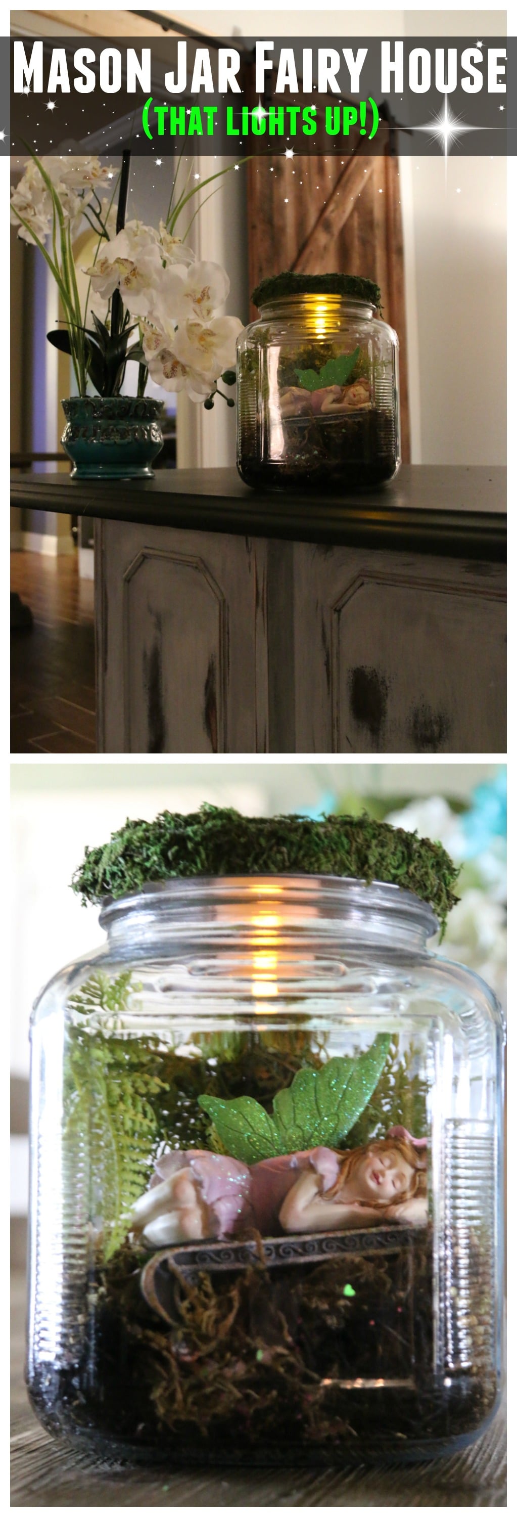 DIY Mason Jar Fairy house : adorable Fairy garden hidden away in a mason jar that can be used as a nightlight, decor, or put in the garden (and safe from rain!) , learn how to adopt a fairy for your garden or desk today