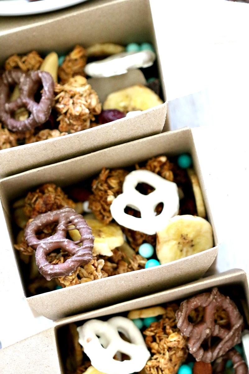 Trail Mix Travelers : Create Custom Trail Mix tucked inside Gable Boxes for the perfect no mess travel box that doubles to decorate during road time. Travel Hack