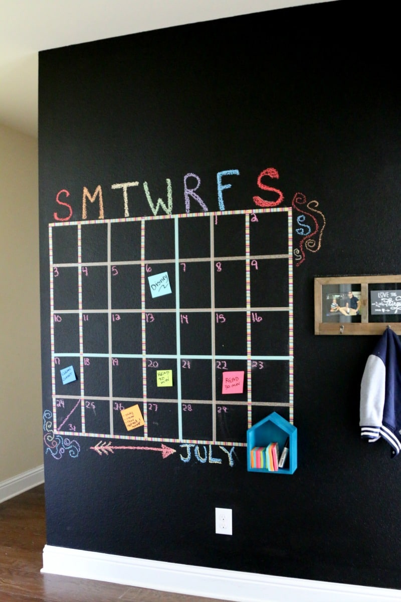 Create a Chalkboard Wall which acts as a Family Hub- use Post-it Notes to keep up with daily school tasks and chores, easy to remove washi tape makes great outline