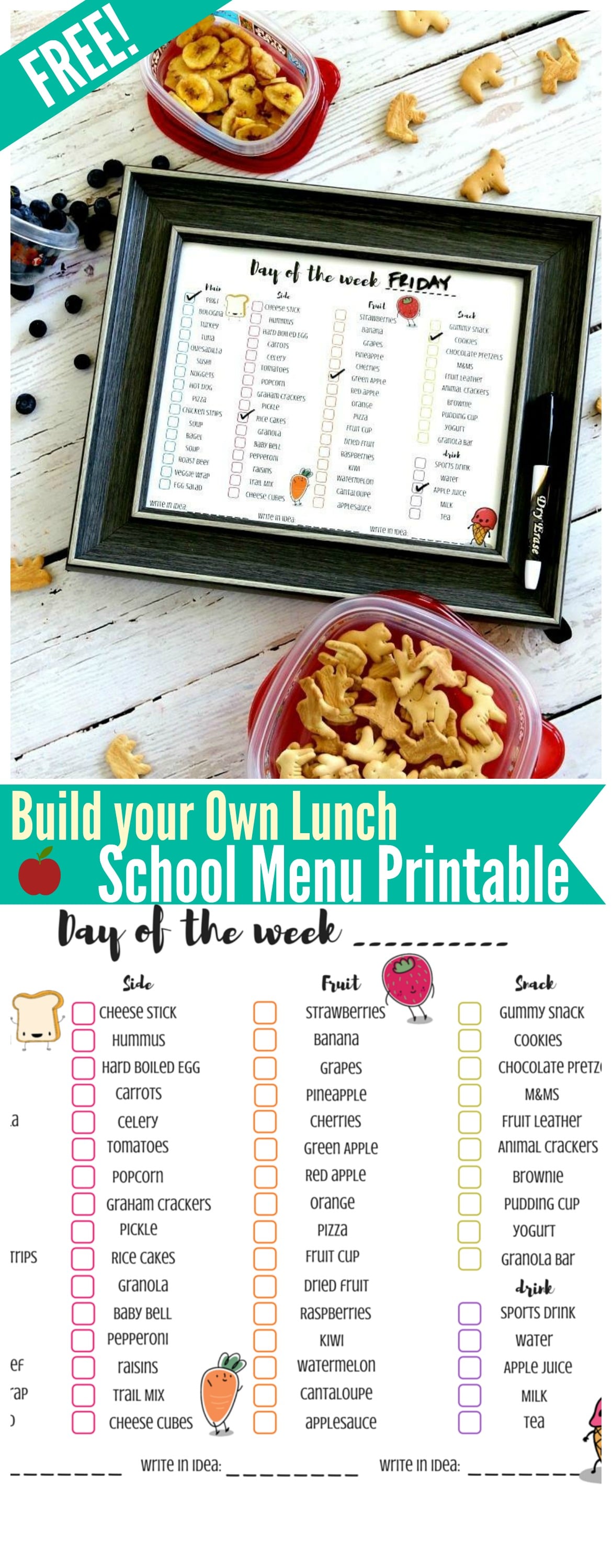 Free School Lunch Menu Printable: Easily put in a frame or laminate for usage over and over- encourages freedom and choices. Kids checkmark what they would like in their lunch! FREE PRINTABLE MENU