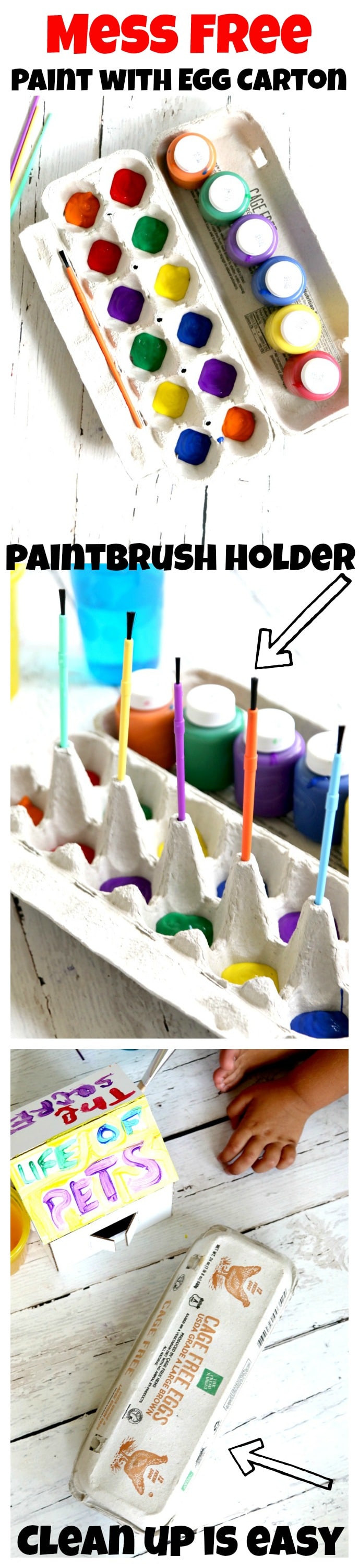 Mess Free Painting for kids using Cardboard Egg Cartons, also holds paintbrushes, prevents spills and to clean up, just close carton and throw away! Great mom and preschool tip!