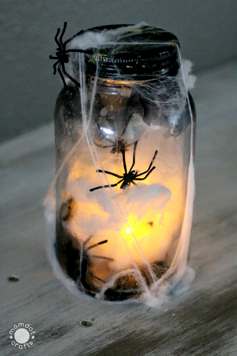 Halloween Mason Jar Crafts: Tutorial on how to make a creepy light up spider jar for halloween decor, center pieces or scary bathroom night light