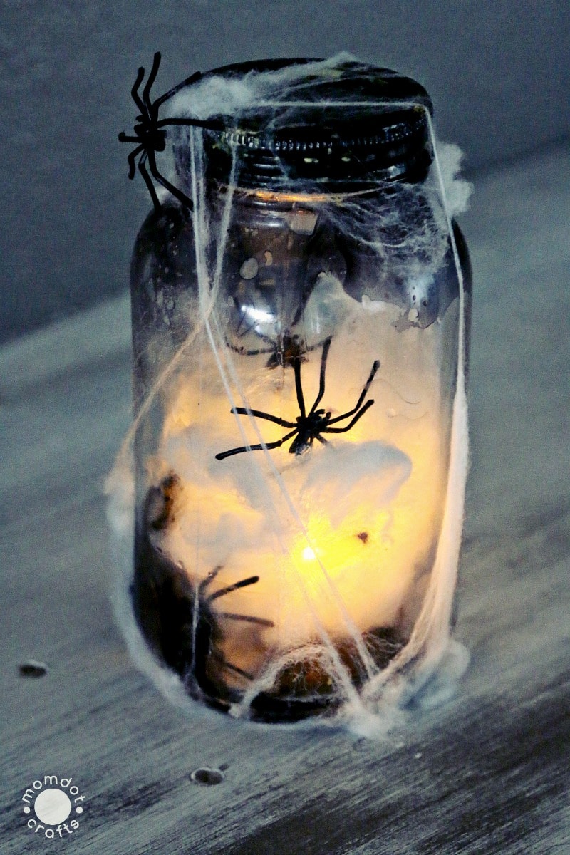 Halloween Mason Jar Crafts: Tutorial on how to make a creepy light up spider jar for halloween decor, center pieces or scary bathroom night light