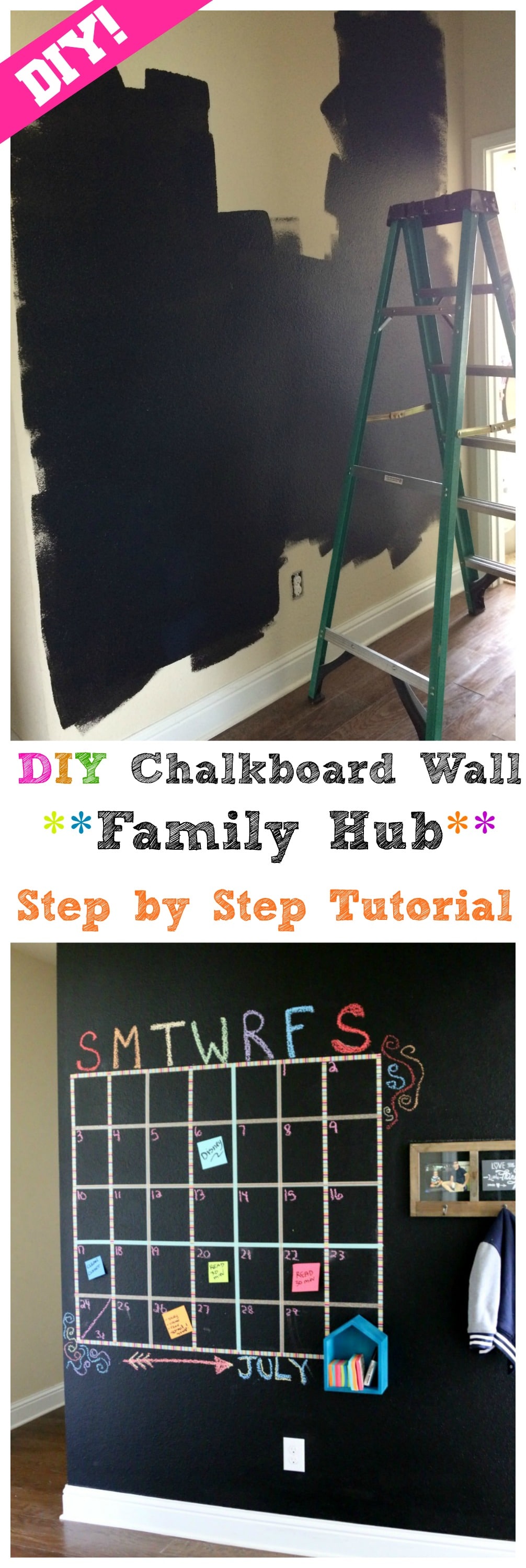 Create a Chalkboard Wall which acts as a Family Hub- use Post-it Notes to keep up with daily school tasks and chores, easy to remove washi tape makes great outline