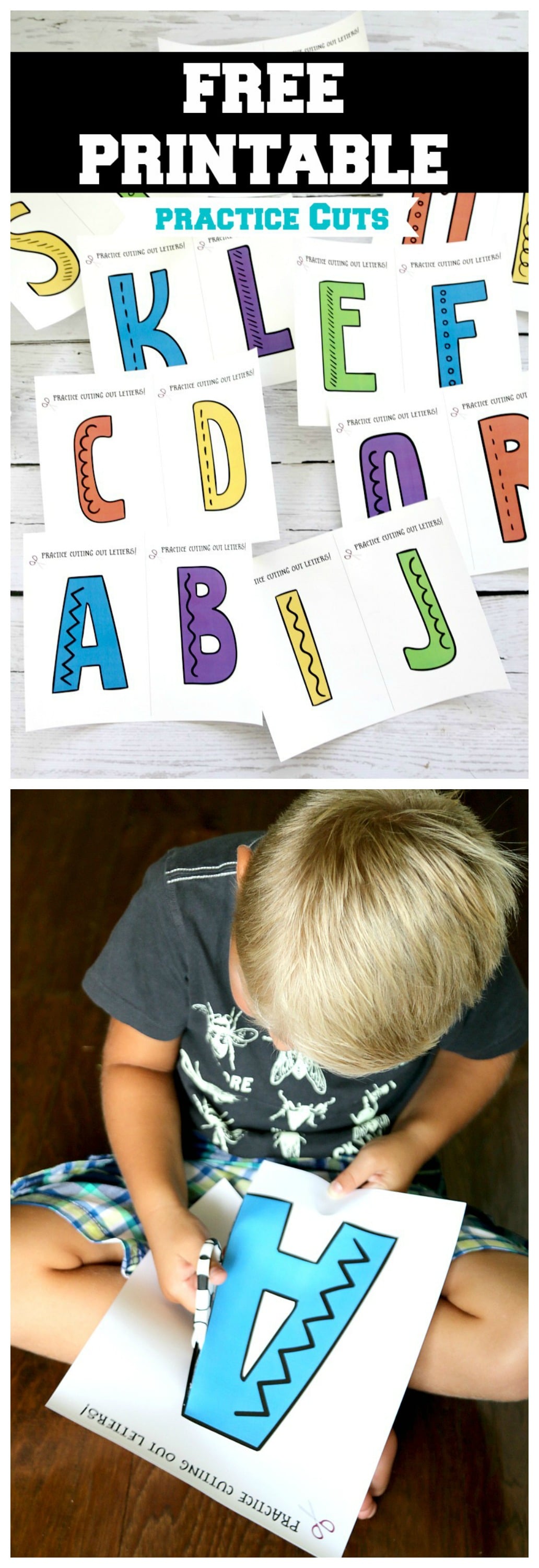 Scissor Skills : FREE PRINTABLE, practice preschool, Kindergarten and beyond scissor fine motor skills by cutting out Alphabet. Can be full page for young kids or many to a page for detailed cutting and older kids - PDF File and may be used in classroom