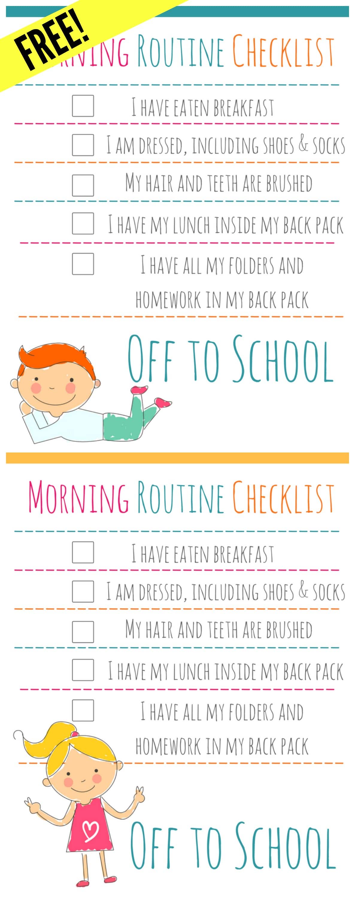 FREE MORNING ROUTINE CHECKLIST : Free Printable, download and laminate or add to a frame to keep kids organized and on task in the morning- two color and graphic schemes, totally adorable and free printable