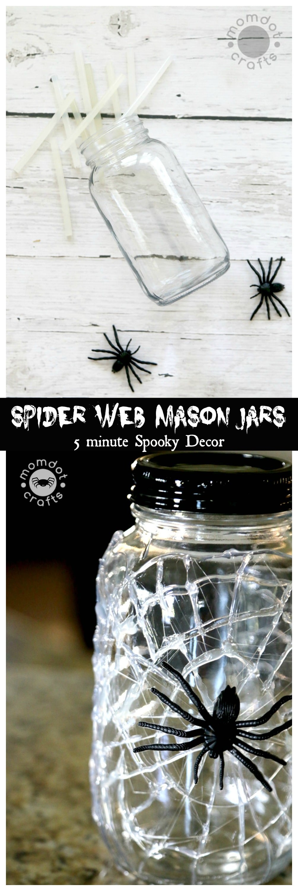 Halloween Mason Jar Craft DIY Idea: Spooky Mason Jar decor done in 5 minutes or less, Creepy Spider web mason jars