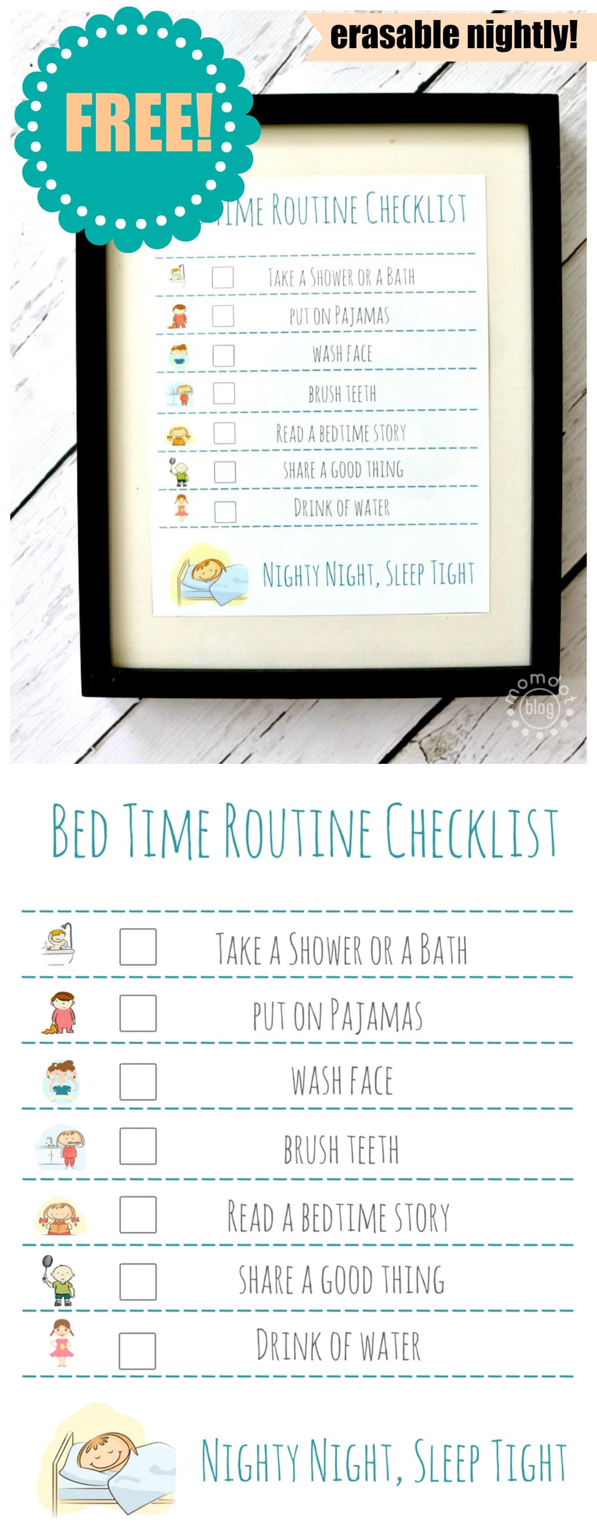 Bedtime Routine FREE Printable : Erase nightly to keep on task for Bed time, makes getting ready for bed EASY for parents and FUN for kids - simple print free printable and put in frame, dry erase marker makes it reusuable