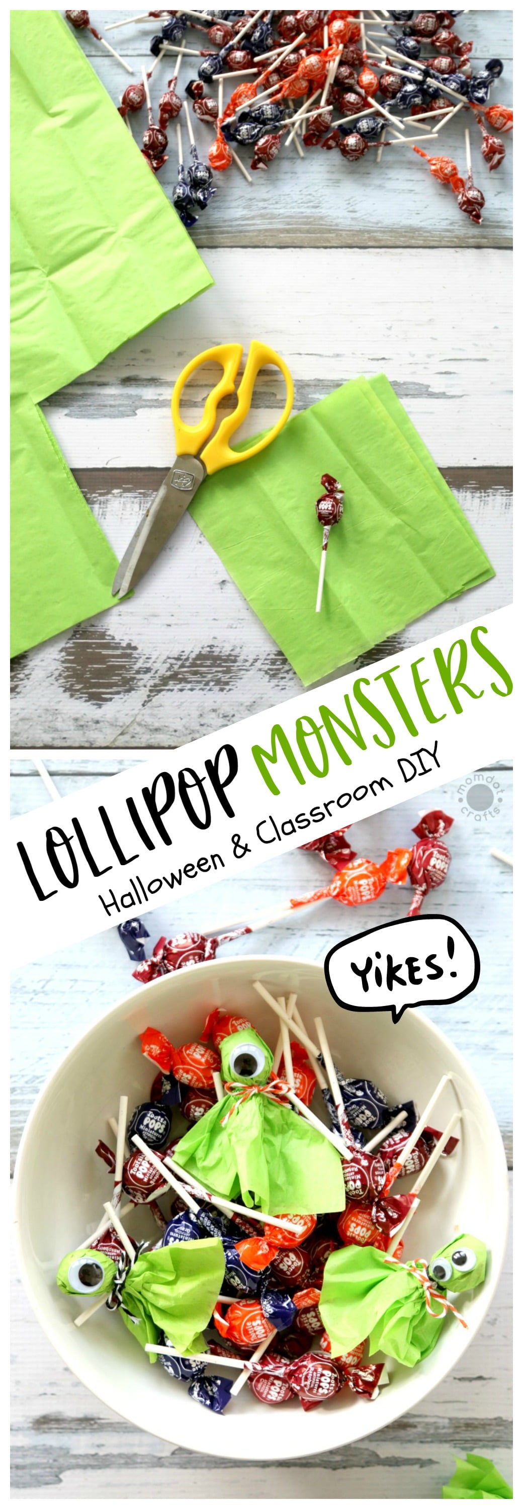 Lollipop (lolly pop) Monsters are just as cute as Ghosts and so fun to make! Just pop a variety of googly eyes for this super fun pass out for Halloween or Classroom parties