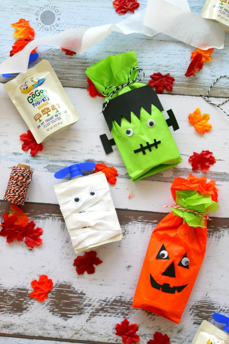 No Candy Halloween Treat Ideas: Create Frankenstein, Pumpkin and Mummy with this No candy and Healthy Halloween Alternative while passing out candy- great classroom treat as well