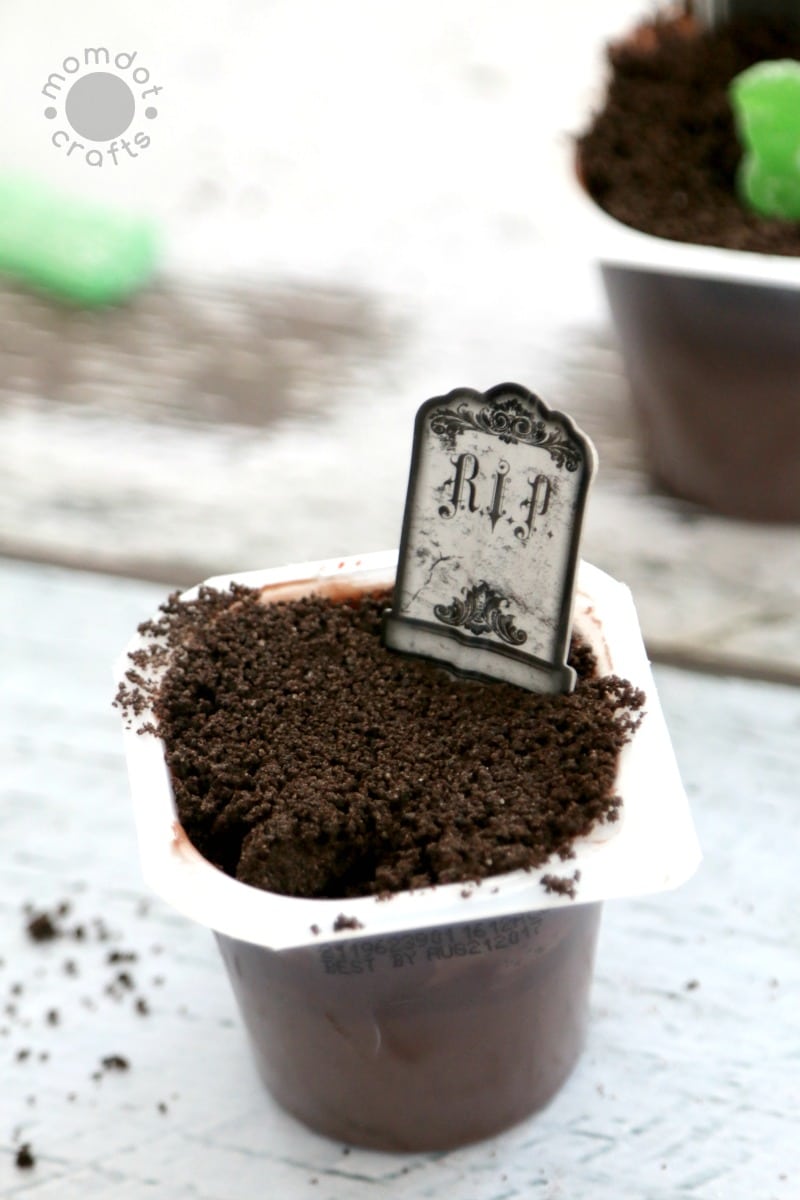 Cemetery Dirt Cups with Candy Zombies; Halloween Party Idea
