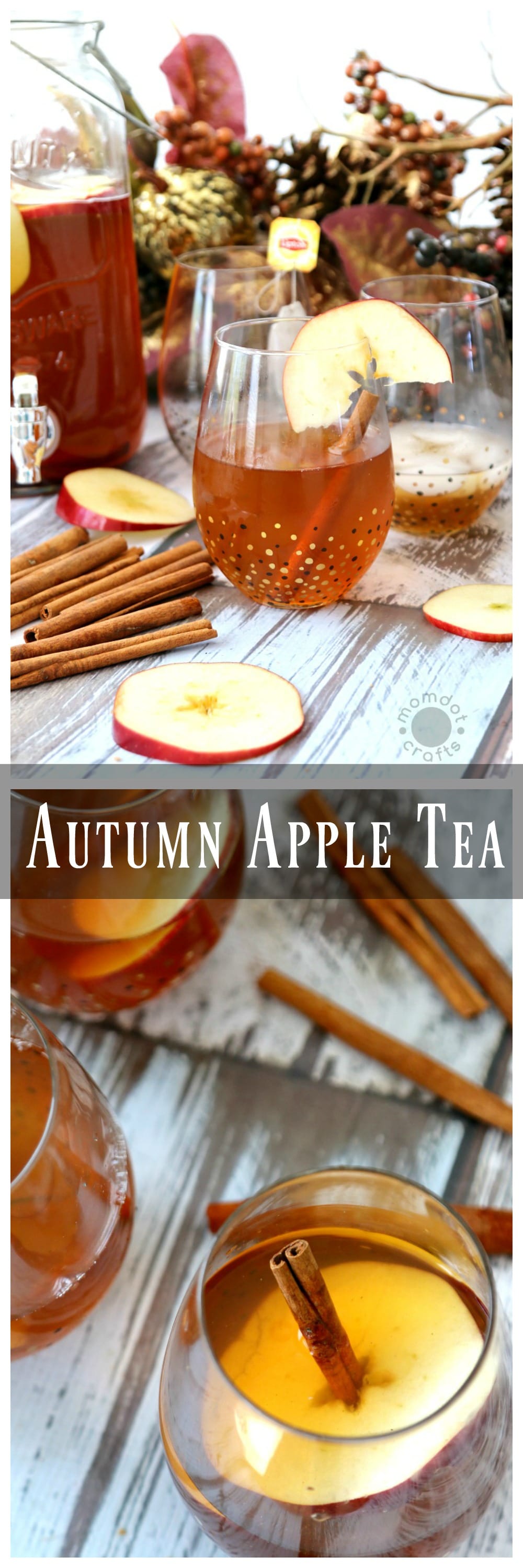 Autumn tea made with Apple juice and Lipton tea in fancy classes with cinnamon stick and apple slice garnish.