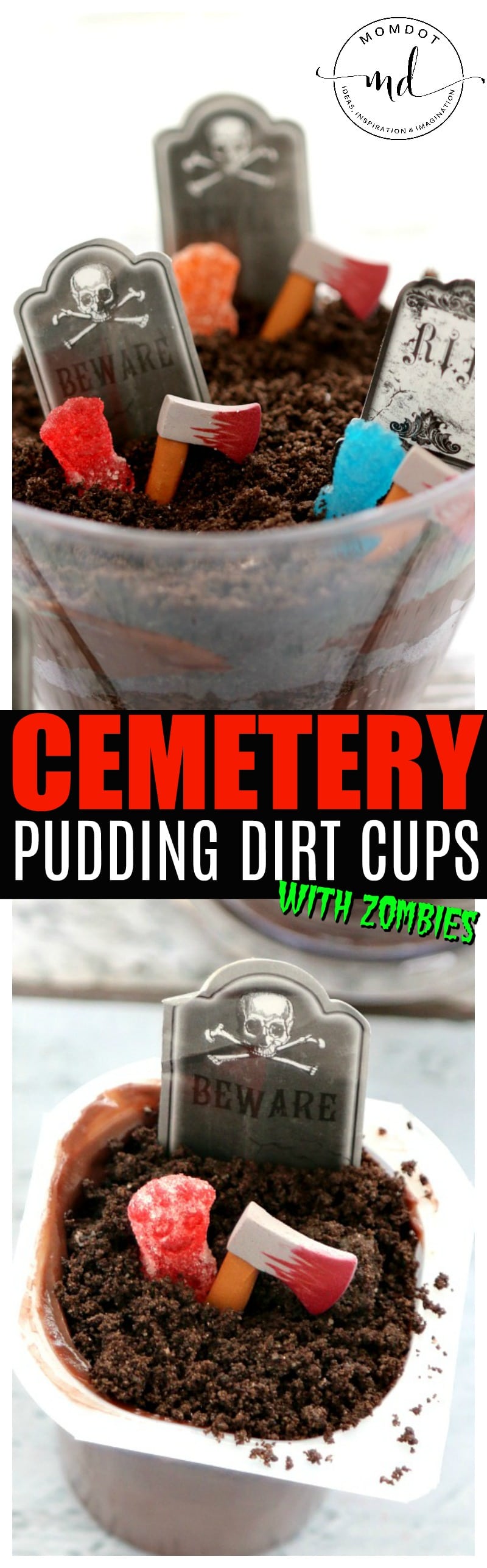 Cemetery Dirt Cups with Candy Zombies; Super Simple Halloween Dessert Party Idea