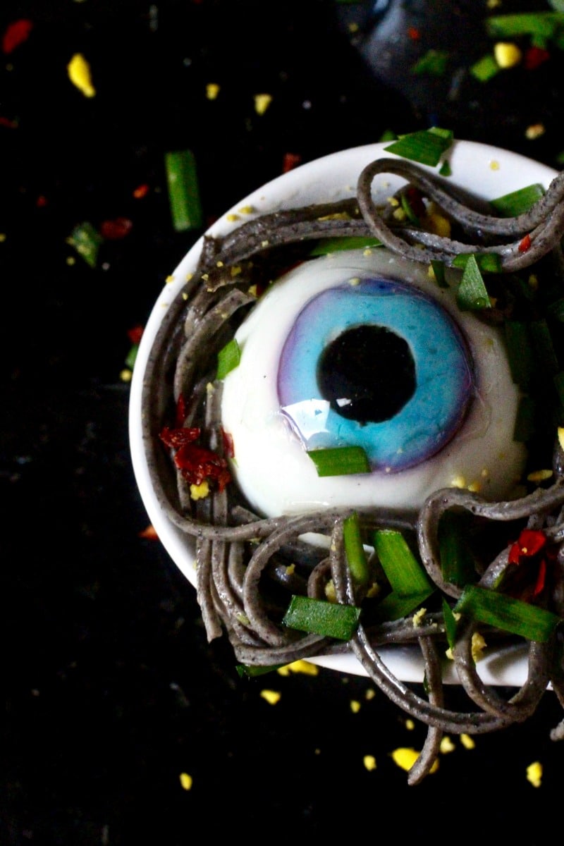 Black Bean Spaghetti Spoons with Deviled Eyes - Cringe worthy Halloween Night Dinner Recipe with realistic eyeballs (psst..eggs)