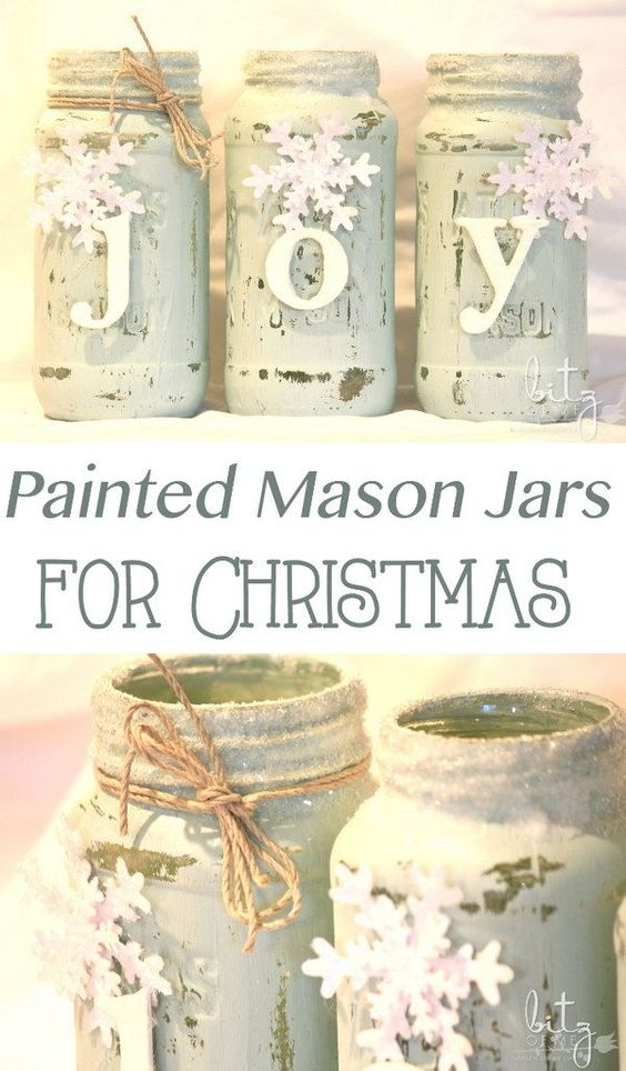 Painted Mason Jars for Christmas, Snowy and Shabby chic