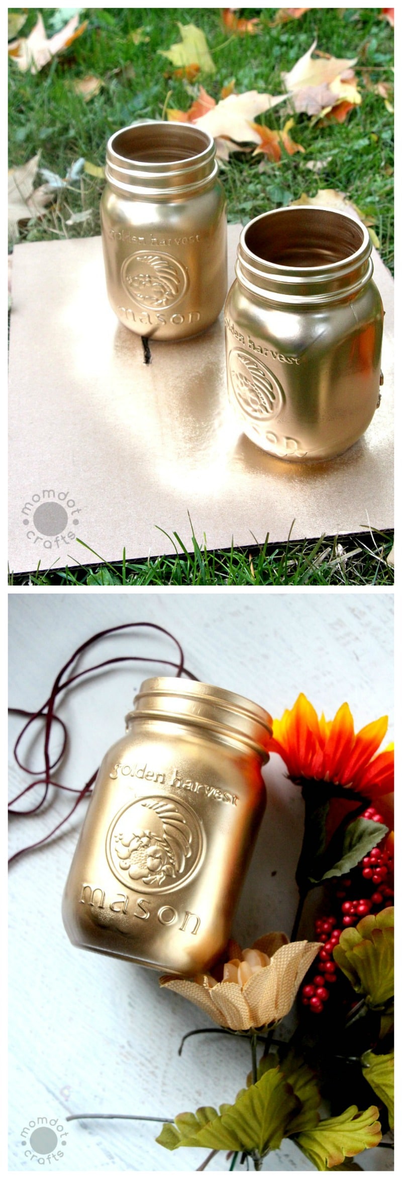 Gold painted mason jars - Fall decorating with mason jars, a 5 minute DIY for table centerpieces