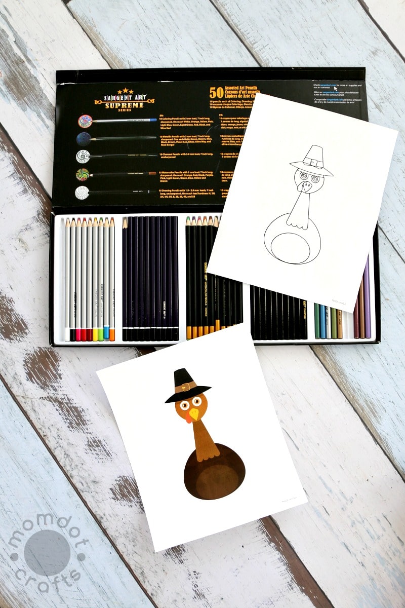 Printed turkey download and colored pencils to make a Disguise the Turkey craft for fun.